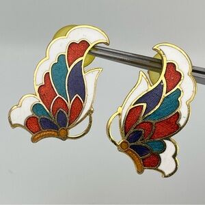 Vintage Enamel Butterfly Wing Earrings Gold Tone Red Blue White Statement Pair